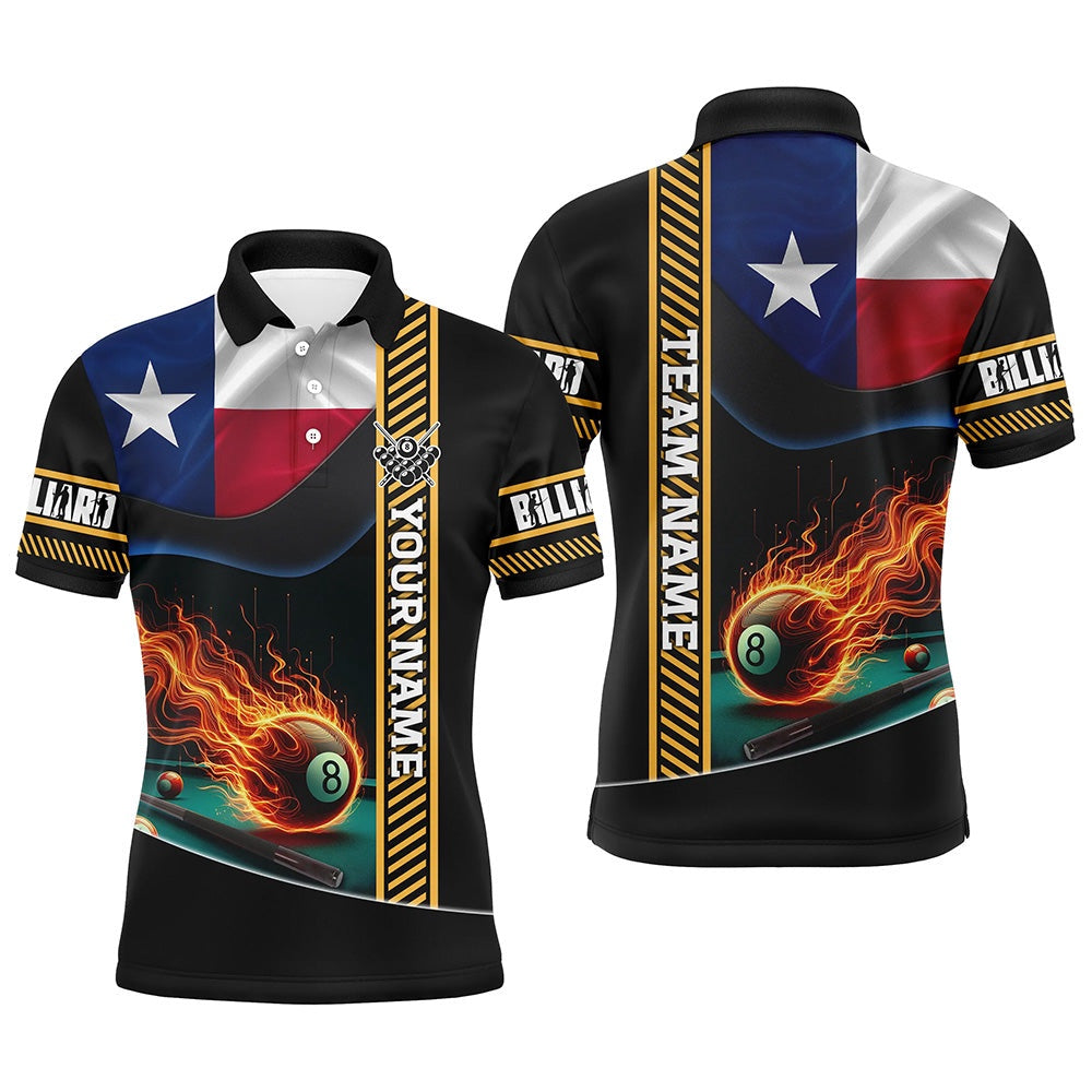 Billiard Polo Shirts, Personalized Texas Flag Flaming 8 Ball Pool Polo Shirts, Patriotic Billiard Attire Jerseys, Billiards Team Shirts