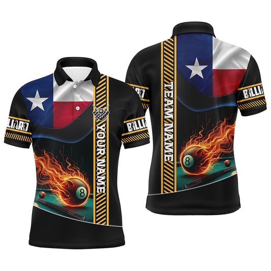 Billiard Polo Shirts, Personalized Texas Flag Flaming 8 Ball Pool Polo Shirts, Patriotic Billiard Attire Jerseys, Billiards Team Shirts