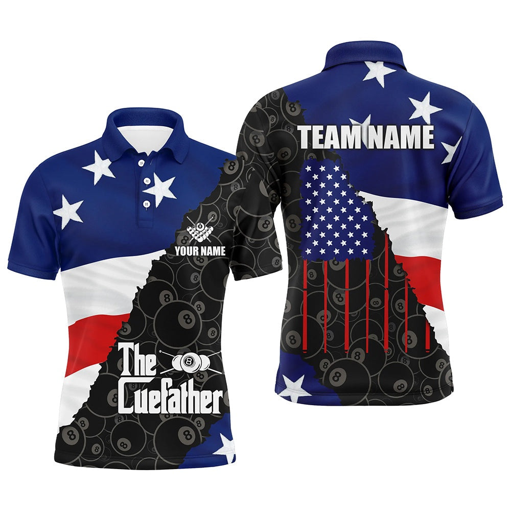 Billiard Polo Shirts, Personalized The Cue Father US Flag Patriotic Billiard Shirts, Father's Day Billiard Gifts, Billiards Team Shirts