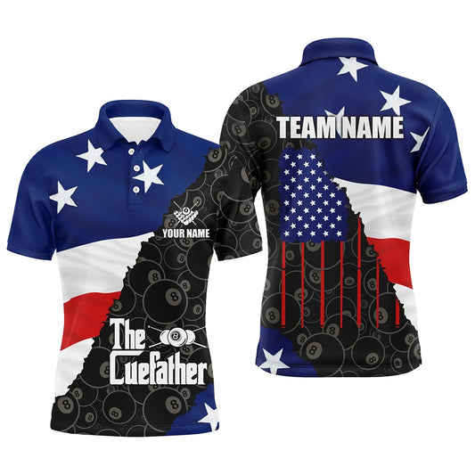 Billiard Polo Shirts, Personalized The Cue Father US Flag Patriotic Billiard Shirts, Father's Day Billiard Gifts, Billiards Team Shirts
