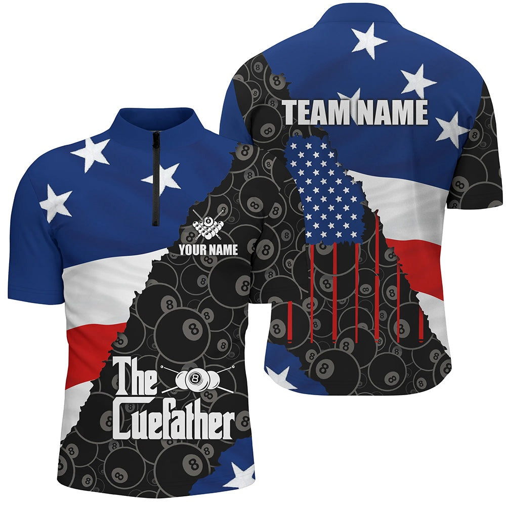 Billiard Polo Shirts, Personalized The Cue Father US Flag Patriotic Billiard Shirts, Father's Day Billiard Gifts, Billiards Team Shirts