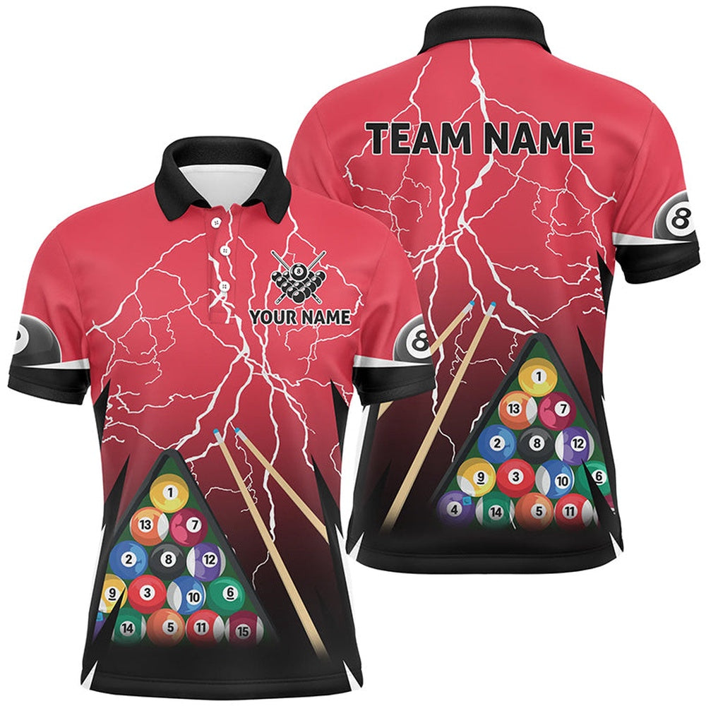 Billiard Polo Shirts, Personalized Thunder Billiards 3D Red Polo Shirts, Custom 8 Ball Pool Billiards Jerseys, Billiards Team Shirts