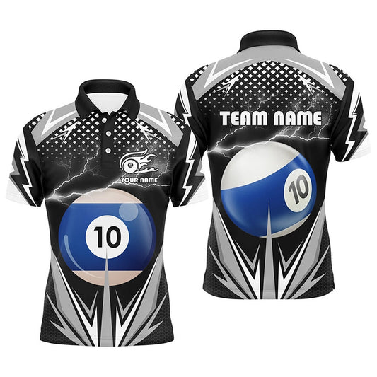 Billiard Polo Shirts, Personalized Thunder Black 10 Ball Billiard 3D Polo Shirts, 10 Ball Billiard Team Jerseys, Billiards Team Shirts