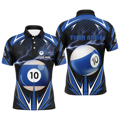 Billiard Polo Shirts, Personalized Thunder Blue 10 Ball Billiard 3D Polo Shirts, Custom 10 Ball Billiard Jerseys, Billiards Team Shirts