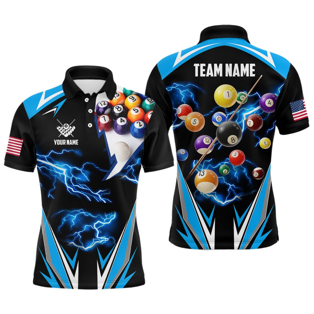 Billiard Polo Shirts, Personalized Thunder Blue Billiard Balls Shirt Custom US Billiard Jerseys 8 Ball Pool Shirts, Billiards Team Shirts