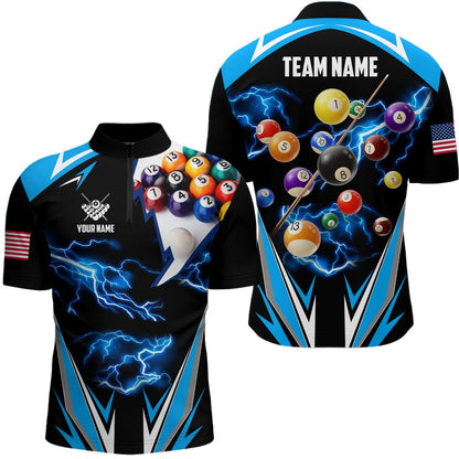 Billiard Polo Shirts, Personalized Thunder Blue Billiard Balls Shirt Custom US Billiard Jerseys 8 Ball Pool Shirts, Billiards Team Shirts