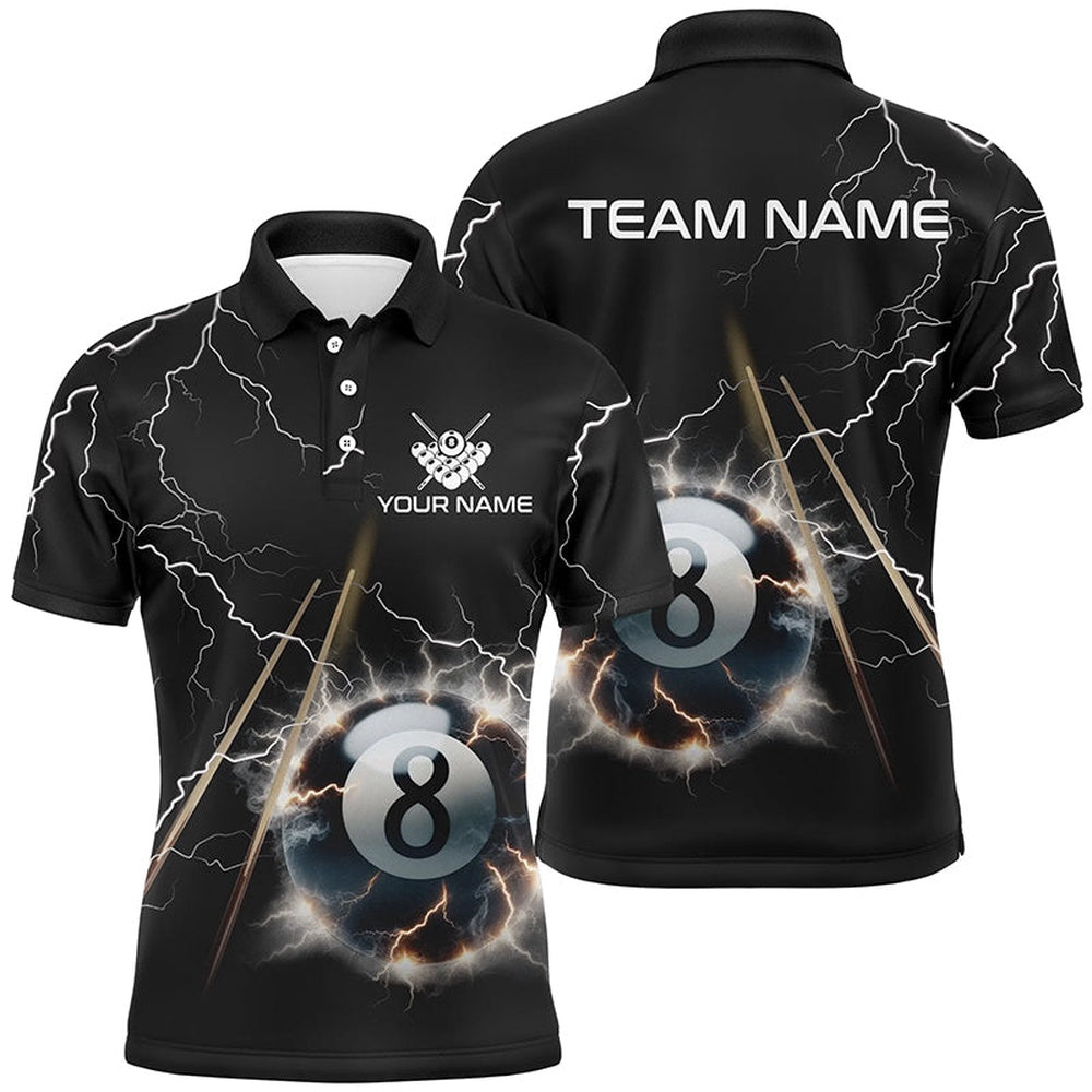 Billiard Polo Shirts, Personalized Thunder Lighting Black 8 Ball Billiard 3D Polo Shirts, Pool Balls Jerseys, Billiards Team Shirts