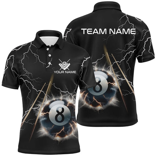 Billiard Polo Shirts, Personalized Thunder Lighting Black 8 Ball Billiard 3D Polo Shirts, Pool Balls Jerseys, Billiards Team Shirts