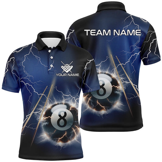 Billiard Polo Shirts, Personalized Thunder Lighting Blue 8 Ball Billiard 3D Polo Shirts Custom Pool Balls Jerseys, Billiards Team Shirts