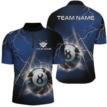 Billiard Polo Shirts, Personalized Thunder Lighting Blue 8 Ball Billiard 3D Polo Shirts Custom Pool Balls Jerseys, Billiards Team Shirts