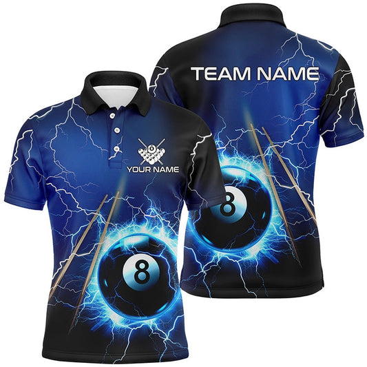 Billiard Polo Shirts, Personalized Thunder Lighting Blue 8 Ball Billiards Polo Shirts Custom 8 Ball Pool Jerseys, Billiards Team Shirts
