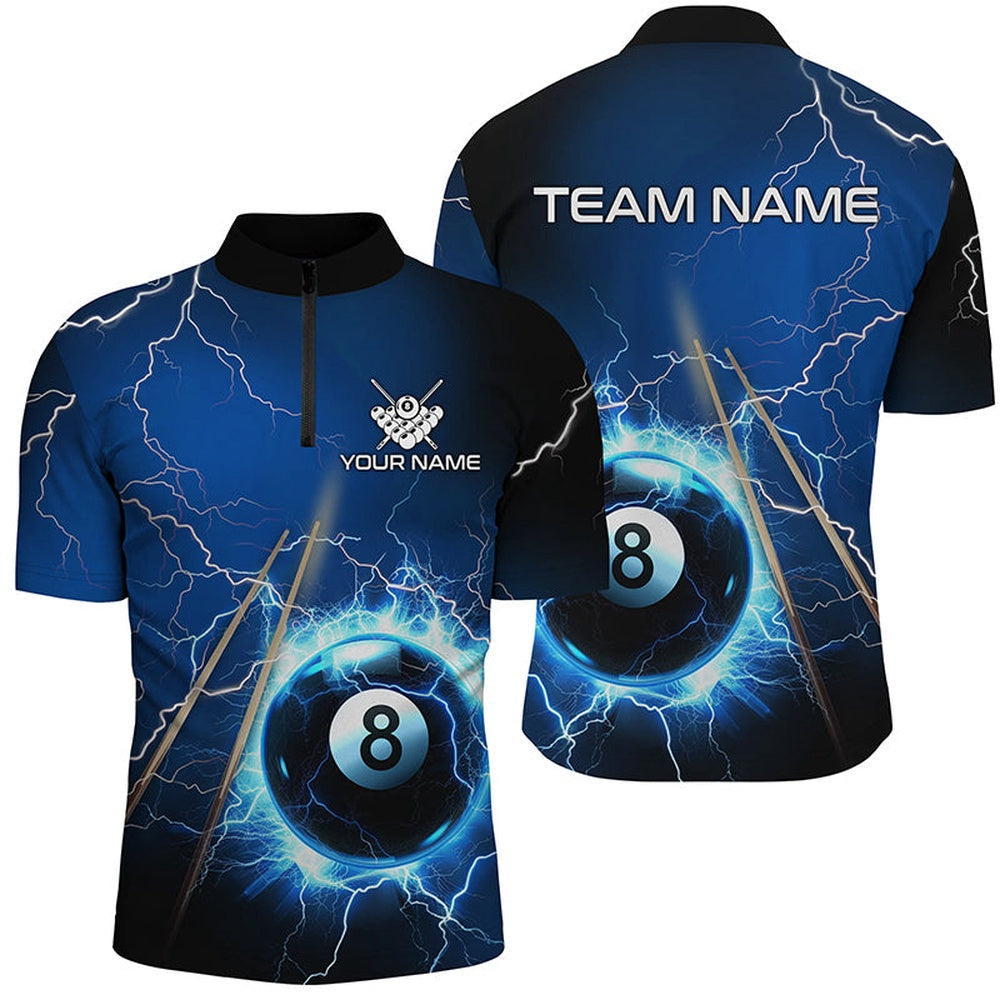 Billiard Polo Shirts, Personalized Thunder Lighting Blue 8 Ball Billiards Polo Shirts Custom 8 Ball Pool Jerseys, Billiards Team Shirts