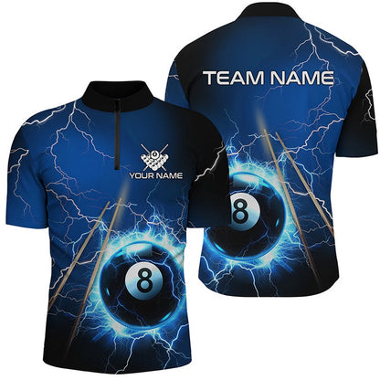 Billiard Polo Shirts, Personalized Thunder Lighting Blue 8 Ball Billiards Polo Shirts Custom 8 Ball Pool Jerseys, Billiards Team Shirts