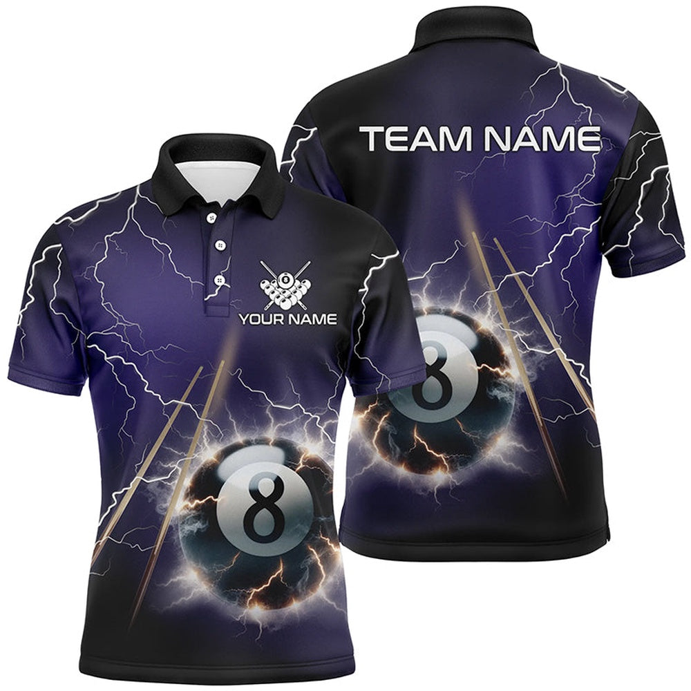 Billiard Polo Shirts, Personalized Thunder Lighting Purple 8 Ball Billiard 3D Polo Shirts, Pool Balls Jerseys, Billiards Team Shirts