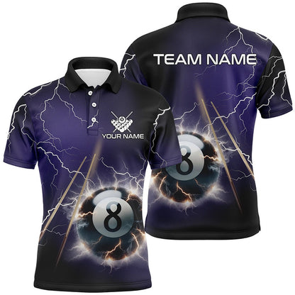 Billiard Polo Shirts, Personalized Thunder Lighting Purple 8 Ball Billiard 3D Polo Shirts, Pool Balls Jerseys, Billiards Team Shirts