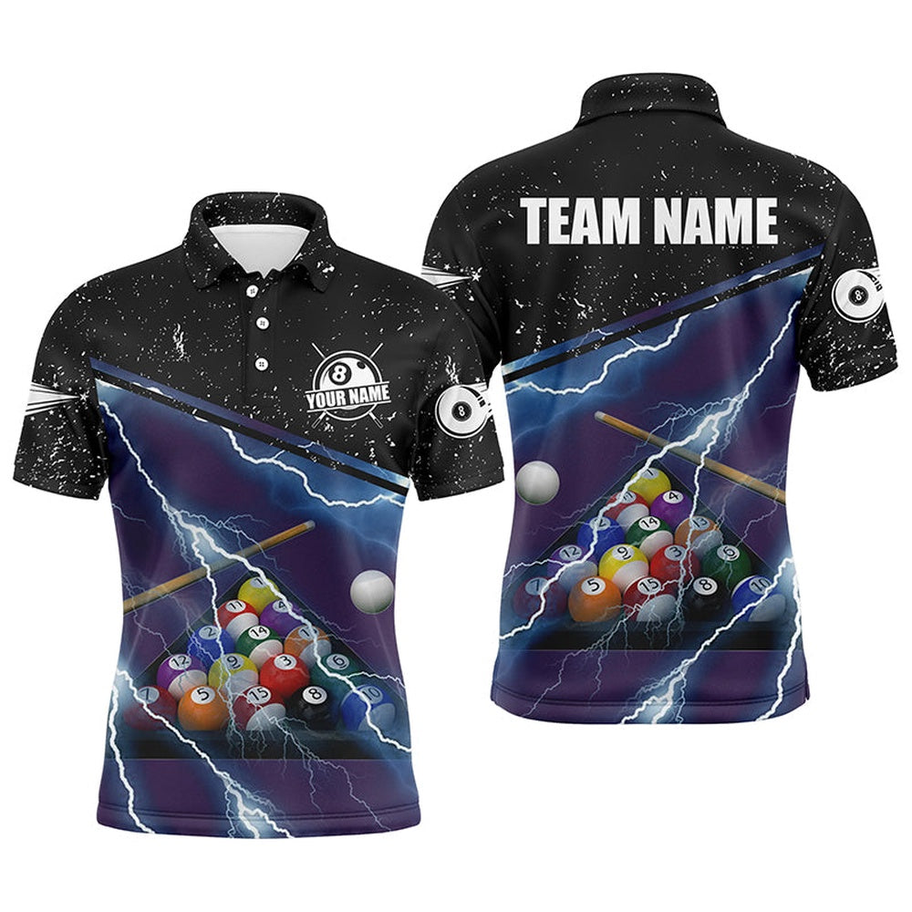 Billiard Polo Shirts, Personalized Thunder Lighting Purple Black Billiard Balls 3D Polo Shirts, Billiards Jerseys, Billiards Team Shirts