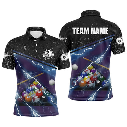 Billiard Polo Shirts, Personalized Thunder Lighting Purple Black Billiard Balls 3D Polo Shirts, Billiards Jerseys, Billiards Team Shirts
