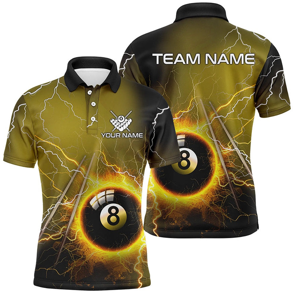 Billiard Polo Shirts, Personalized Thunder Lighting Yellow 8 Ball Billiard Polo Shirts Custom 8 Ball Pool Jerseys, Billiards Team Shirts