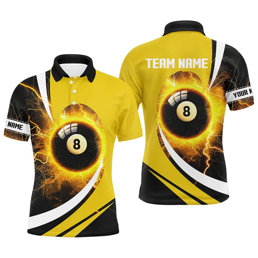 Billiard Polo Shirts, Personalized Thunder Lighting Yellow 8 Ball Billiard Shirts Custom 8 Ball Pool Jerseys, Billiards Team Shirts
