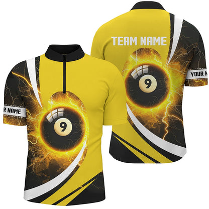 Billiard Polo Shirts, Personalized Thunder Lighting Yellow 9 Ball Billiards Shirts Custom 9 Ball Pool Jerseys, Billiards Team Shirts