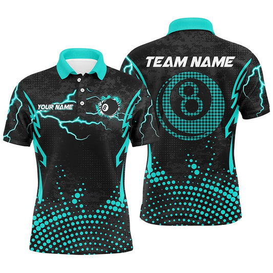 Billiard Polo Shirts, Personalized Turquoise 8 Ball Point Billiard Polo Shirt Best Custom Billiards Apparel Clothing, Billiards Team Shirts