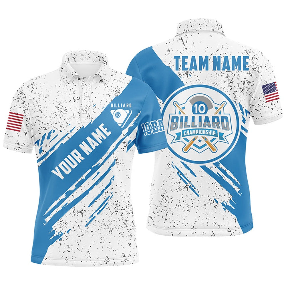 Billiard Polo Shirts, Personalized US Flag 10 Ball Billiard Polo Shirts, Blue Black Grunge 10 Ball Pool Jerseys, Billiards Team Shirts