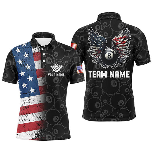 Billiard Polo Shirts, Personalized US Flag 8 Ball Billiard 3D Polo Shirts, Funny Billiard 8 Ball Wings Jerseys, Billiards Team Shirts