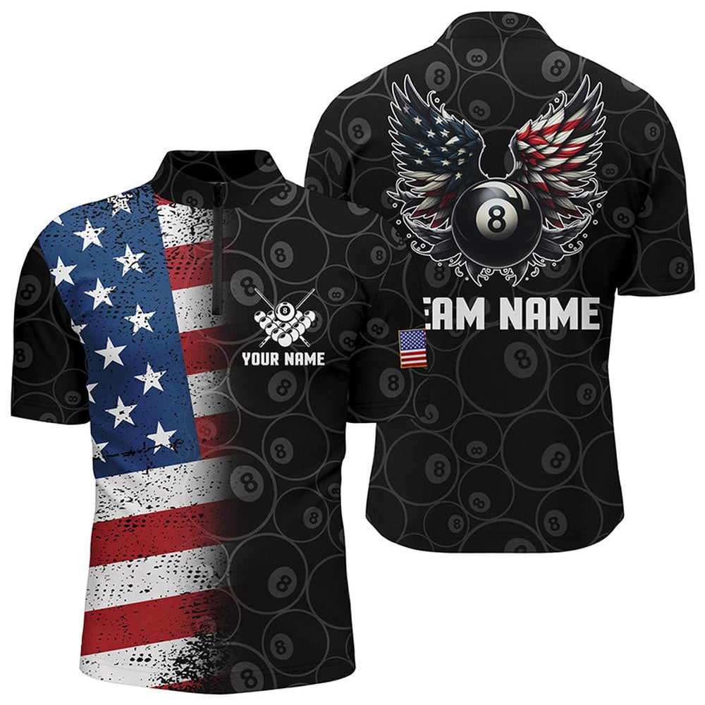 Billiard Polo Shirts, Personalized US Flag 8 Ball Billiard 3D Polo Shirts, Funny Billiard 8 Ball Wings Jerseys, Billiards Team Shirts