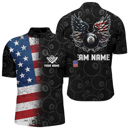 Billiard Polo Shirts, Personalized US Flag 8 Ball Billiard 3D Polo Shirts, Funny Billiard 8 Ball Wings Jerseys, Billiards Team Shirts