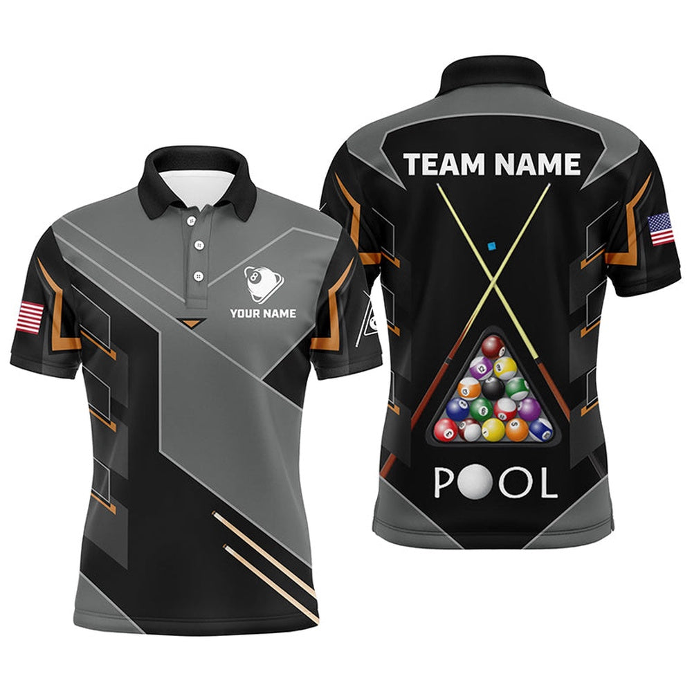 Billiard Polo Shirts, Personalized US Flag 8 Ball Billiard Polo Shirts, Custom Grey Black Pool Balls Jerseys, Billiards Team Shirts