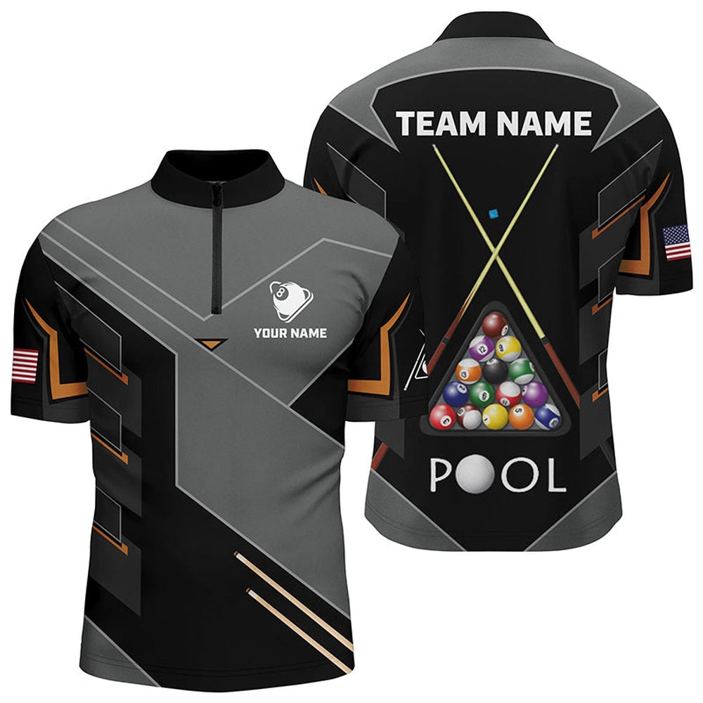 Billiard Polo Shirts, Personalized US Flag 8 Ball Billiard Polo Shirts, Custom Grey Black Pool Balls Jerseys, Billiards Team Shirts