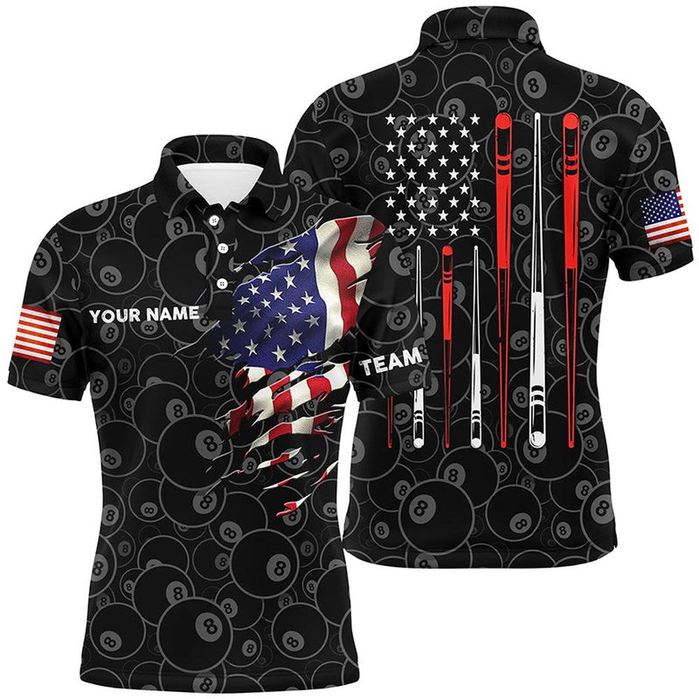 Billiard Polo Shirts, Personalized US Flag 8 Ball Billiard Polo Shirts, Custom US Flag Sticks Billiard Shirts, Billiards Team Shirts