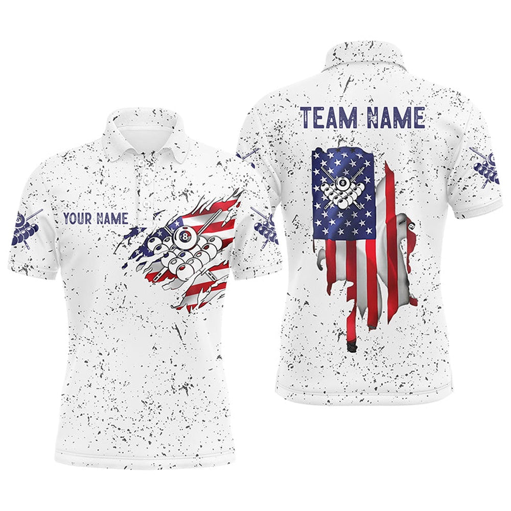 Billiard Polo Shirts, Personalized US Flag 8 Ball Billiard White Grunge 3D Polo Shirts, Custom Billiards Jerseys, Billiards Team Shirts