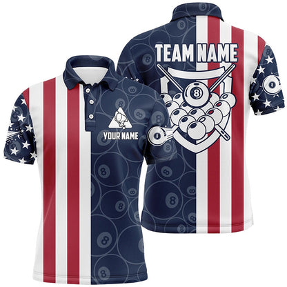 Billiard Polo Shirts, Personalized US Flag 8 Ball Pattern Billiard 3D Polo Shirts, Custom Player Billiards Shirts, Billiards Team Shirts