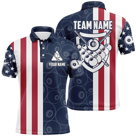 Billiard Polo Shirts, Personalized US Flag 8 Ball Pattern Billiard 3D Polo Shirts, Custom Player Billiards Shirts, Billiards Team Shirts