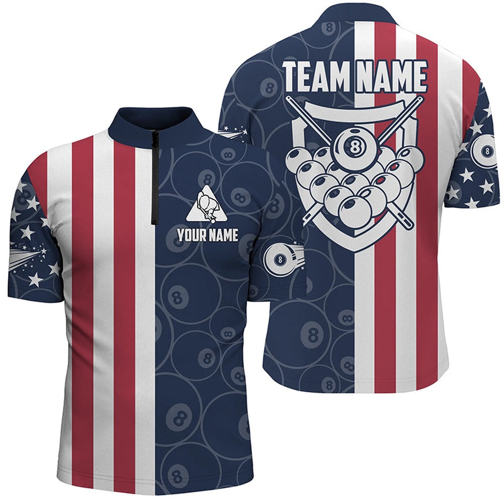 Billiard Polo Shirts, Personalized US Flag 8 Ball Pattern Billiard 3D Polo Shirts, Custom Player Billiards Shirts, Billiards Team Shirts
