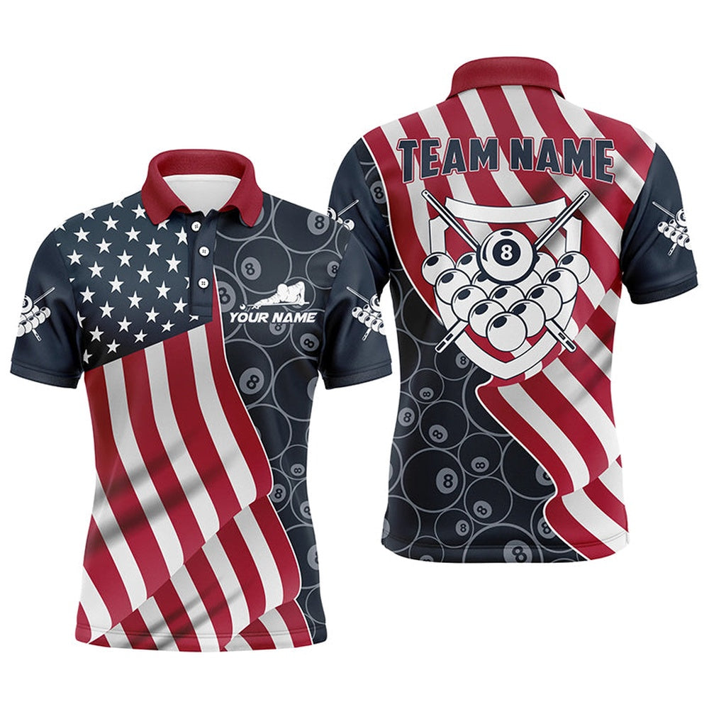 Billiard Polo Shirts, Personalized US Flag 8 Ball Pattern Billiard 3D Polo Shirts, Custom Pool Player Jerseys, Billiards Team Shirts