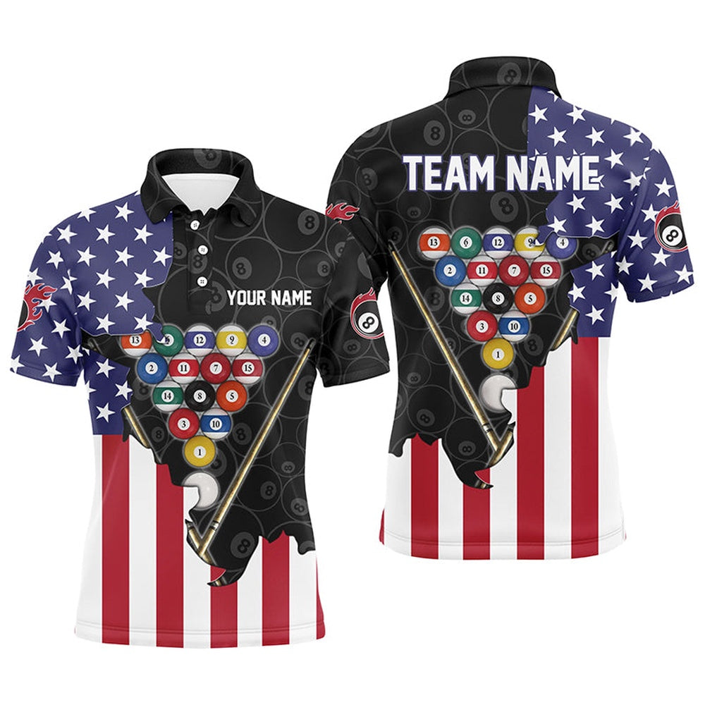 Billiard Polo Shirts, Personalized US Flag 8 Ball Pattern Billiard Black 3D Polo Shirts, Billiard Balls Jerseys, Billiards Team Shirts
