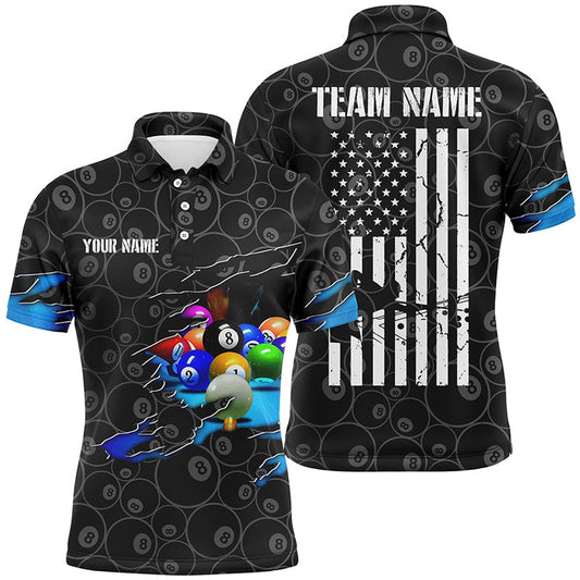 Billiard Polo Shirts, Personalized US Flag 8 Ball Pattern Billiard Black 3D Polo Shirts, Custom Billiards Jerseys, Billiards Team Shirts