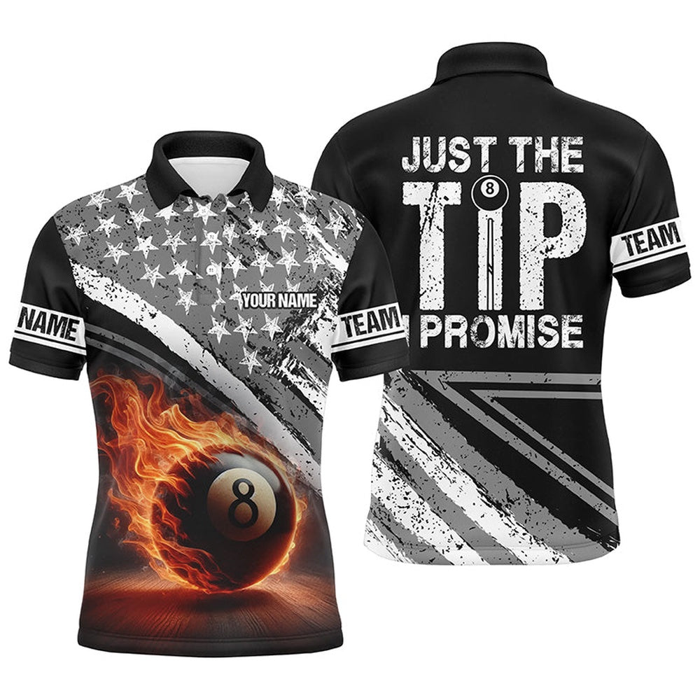 Billiard Polo Shirts, Personalized US Flag 8 Ball Pool 3D Polo Shirts, Just The Tip I Promise Billiard Jerseys, Billiards Team Shirts