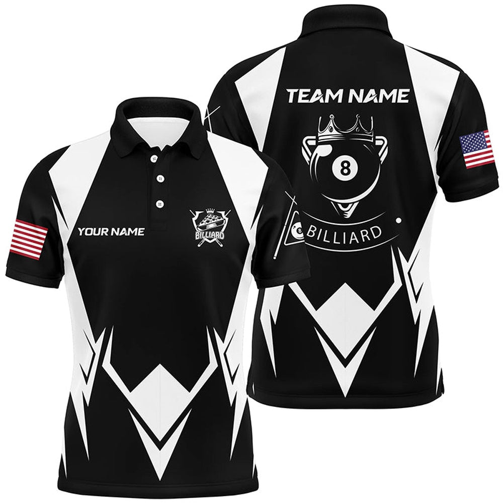 Billiard Polo Shirts, Personalized US Flag 8 Ball Pool Black White Billiard Polo Shirts, Custom Billiard Jerseys, Billiards Team Shirts
