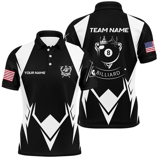 Billiard Polo Shirts, Personalized US Flag 8 Ball Pool Black White Billiard Polo Shirts, Custom Billiard Jerseys, Billiards Team Shirts