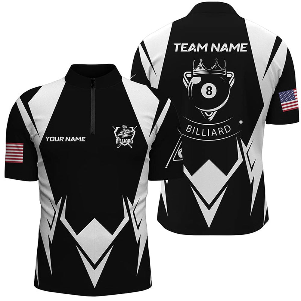 Billiard Polo Shirts, Personalized US Flag 8 Ball Pool Black White Billiard Polo Shirts, Custom Billiard Jerseys, Billiards Team Shirts