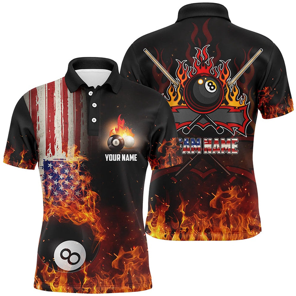 Billiard Polo Shirts, Personalized US Flag 8 Ball Pool On Fire Billiards 3D Polo Shirts, Custom Billiards Jerseys, Billiards Team Shirts