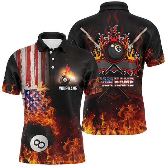 Billiard Polo Shirts, Personalized US Flag 8 Ball Pool On Fire Billiards 3D Polo Shirts, Custom Billiards Jerseys, Billiards Team Shirts
