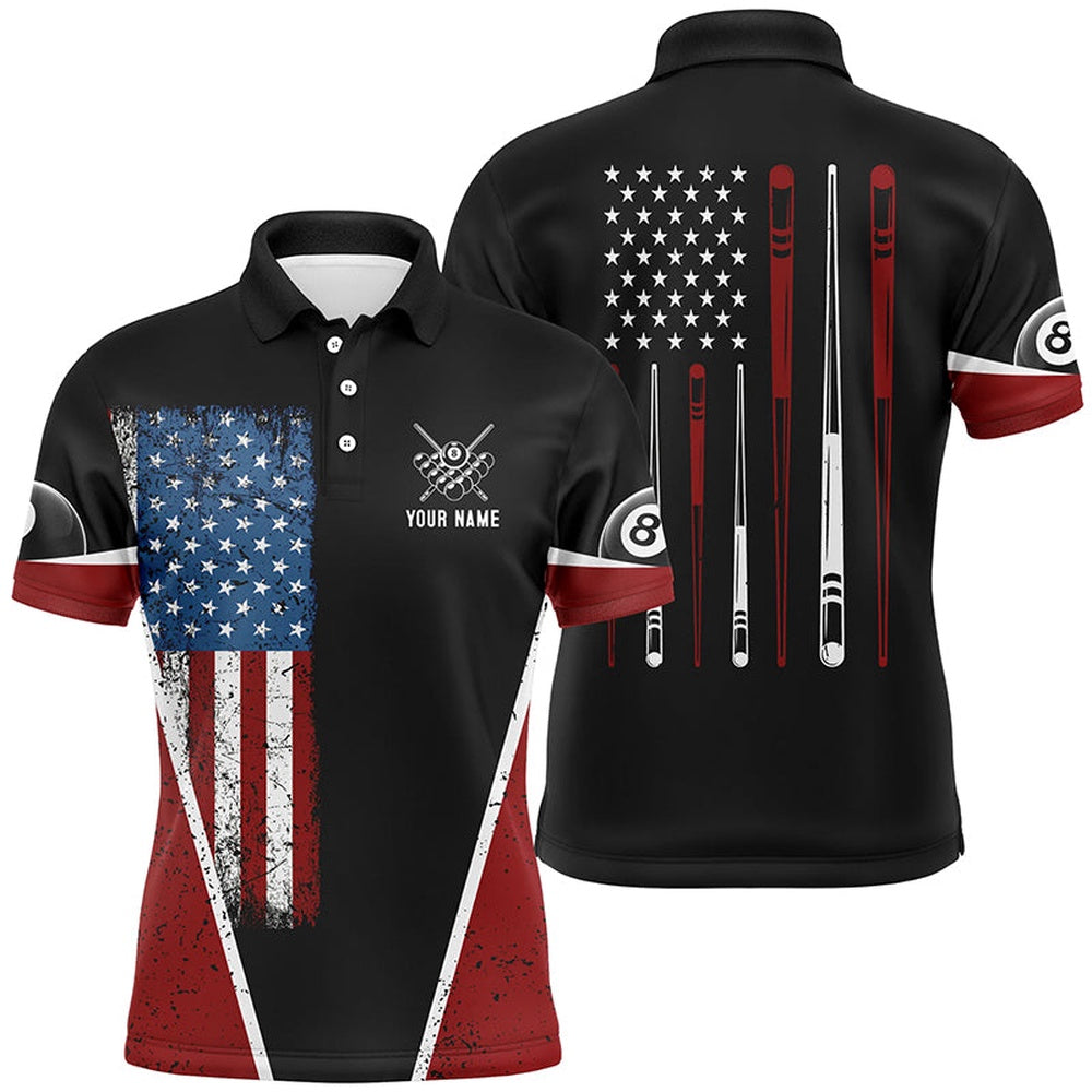Billiard Polo Shirts, Personalized US Flag 8 Ball Pool Polo Shirts, Custom American Flag Sticks Billiard Shirts, Billiards Team Shirts