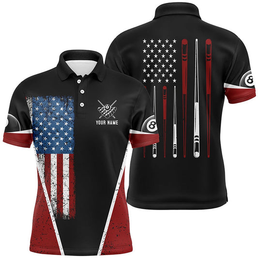 Billiard Polo Shirts, Personalized US Flag 8 Ball Pool Polo Shirts, Custom American Flag Sticks Billiard Shirts, Billiards Team Shirts