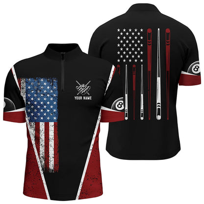 Billiard Polo Shirts, Personalized US Flag 8 Ball Pool Polo Shirts, Custom American Flag Sticks Billiard Shirts, Billiards Team Shirts