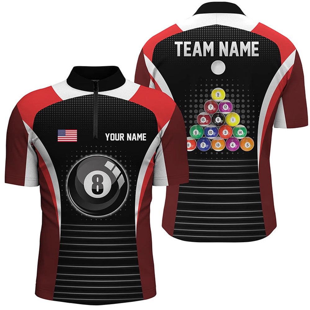 Billiard Polo Shirts, Personalized US Flag 8 Ball Pool Red Black Billiard Polo Shirts, Billiard Balls Jerseys, Billiards Team Shirts