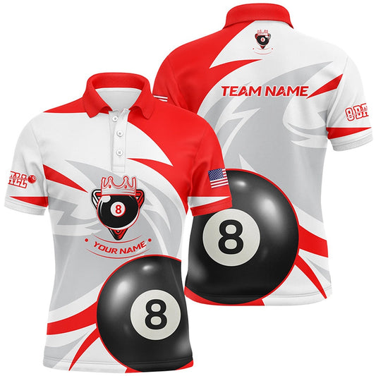 Billiard Polo Shirts, Personalized US Flag 8 Ball Pool Red White Billiard Polo Shirts, Billiards Team Shirts, Billiards Team Shirts